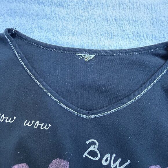 Womens Black "Bow Wow" Dog Print Long Sleeve V-Neck Top Multicolor Casual Basic - Picture 4 of 9